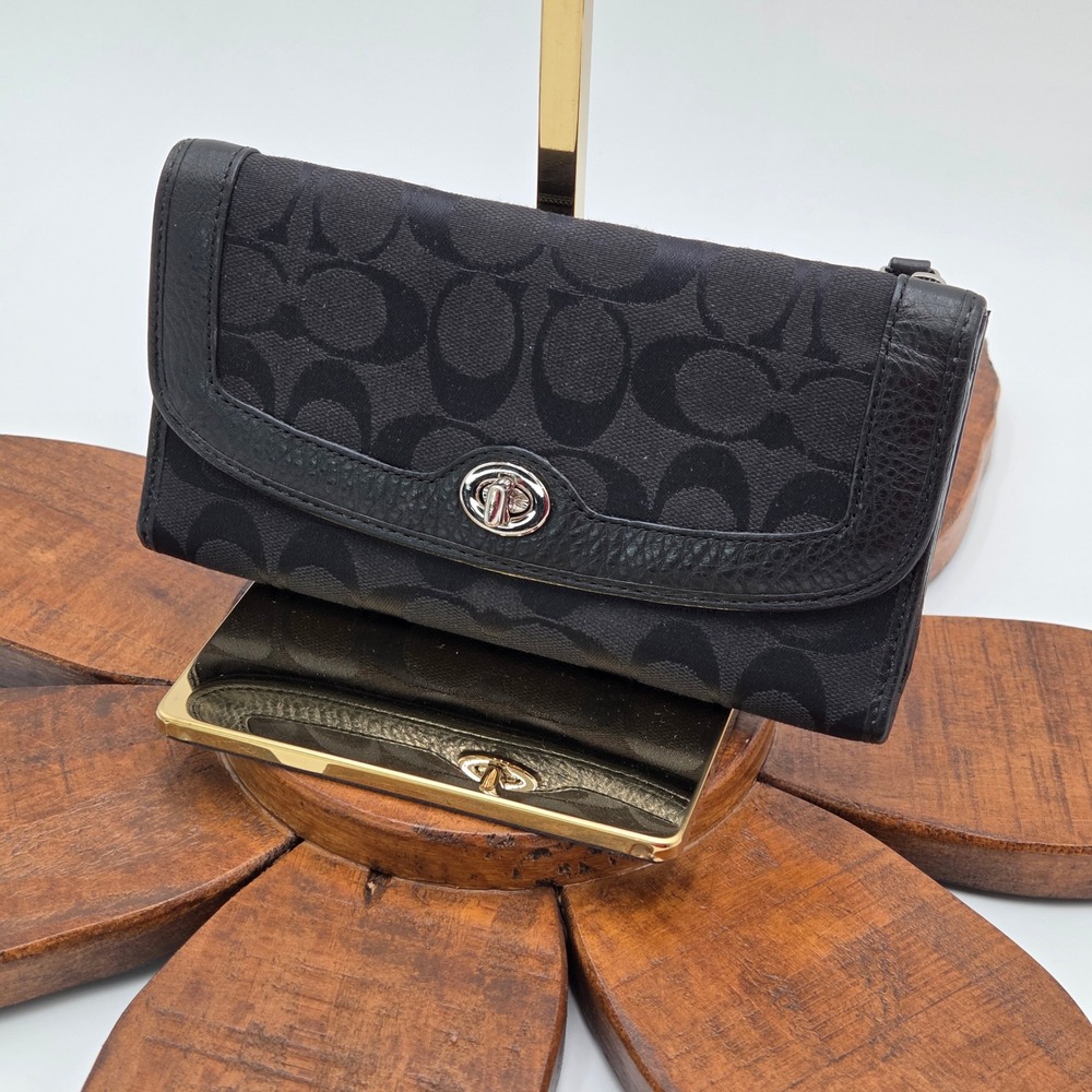 Coach Trifold Wallet Black Signature C Monogram Turnlock 8" x 4"